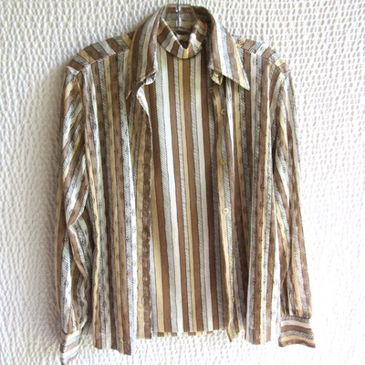 Vintage 60s Shirt Lady Arrow Brown White Gray Striped Top Overshirt twin Set 2pc - Image 1 of 4