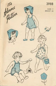 Advance 3988 Toddlers' Side Button Playsuit & Bonnet Sz 1 CUT COMPLETE 1940s - Picture 1 of 5