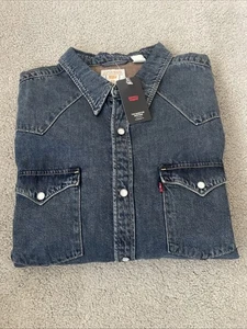Camisa Levi’s Para Hombres 2XL Perla Snap The Barstow Western Denim Azul Oscuro Nueva con Etiquetas - Imagen 1 de 17