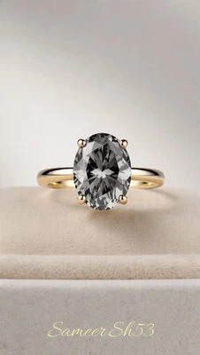 Anillo de diamantes de oro amarillo de 14 k talla ovalada color gris cultivado en laboratorio de 4 quilates con SameerSh53 Foto 1 de 4