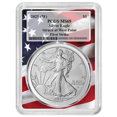 Moldura de bandeira 2025 (W) $1 American Silver Eagle PCGS MS69 FS - Imagem 1 de 2