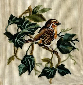 Preworked Center Worked BIRD ON BRANCH Needlepoint Canvas Petit Point 9x9" 20225 - Picture 1 of 3