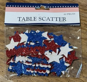 4th of July “TABLE SCATTER” Glittery STARS & AMERICA 60 pcs Red, White & Blue - Picture 1 of 6