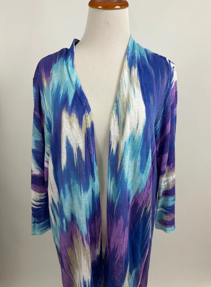 Suéter cardigã aberto CHICO azul Jeanette Zig Zag mistura de linho tamanho 3 feminino GG - Imagem 1 de 4