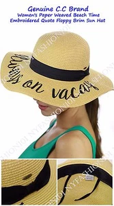 NEU! CC Damen Papier gewebt Strand Zeit bestickt Zitat Schlappkrempe CC Sonnenhut - Bild 1 von 145
