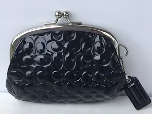 Coach Signature Kisslock Black Card Case Coin Purse Wallet Patent Leather F63504 - Picture 1 of 11