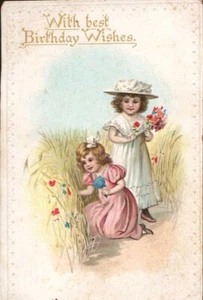 Birthday Postcard Two Girls Picking Flowers in Tall Grass UNP - Picture 1 of 2