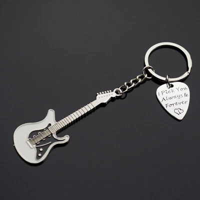 White Guitar & Pick Keychain I Pick You Always & Forever Hearts Love Music Gift - Image 1 of 4