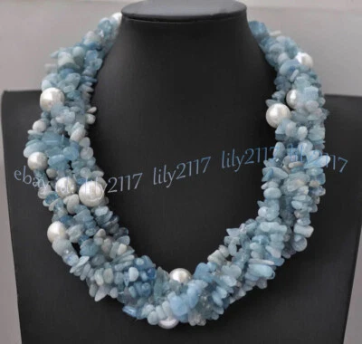 6 Rows Natural Blue Aquamarine Chip Gems White Round Shell Pearl Necklace 18'' - Image 1 of 4
