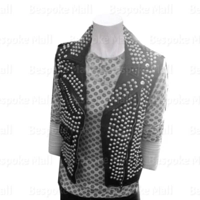 New Women's Handmade Silver Studded Black Biker Brando Cowhide Leather Vest-438 - Image 1 of 3