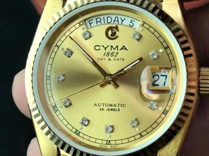 CYMA President FULL GOLD Crystal Index 2834 DAY-DATE AUTOMATIC MENS WATCH 36MM - Picture 1 of 18