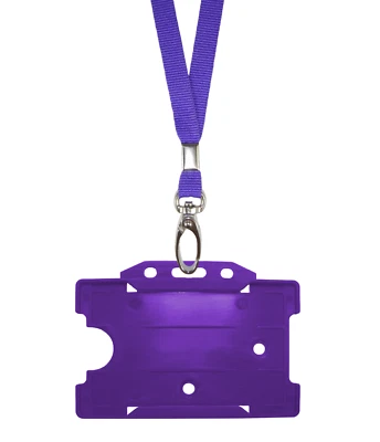 Purple ID Neck Strap Cord Clip Lanyard & Plastic Card Badge Tag Work Pass Holder