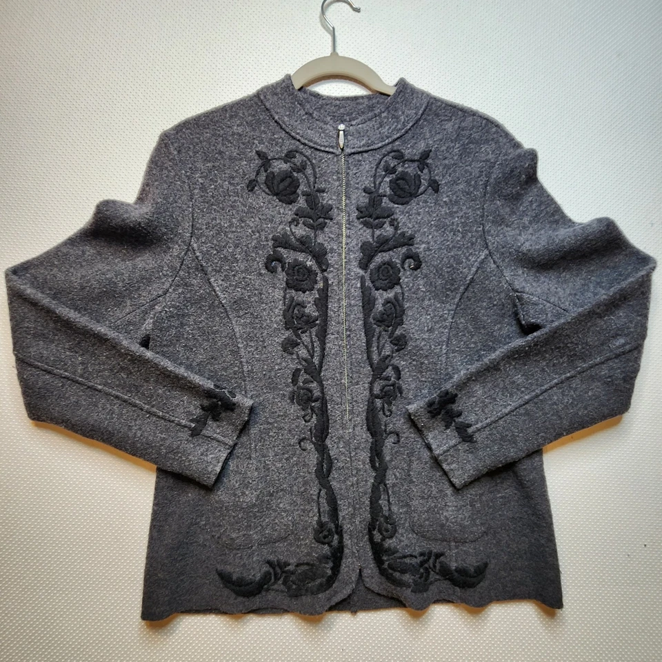 Chaqueta Blazer Mujer Willi Smith Gris Medio Negro Bordado Floral Cremallera Lana Foto 1 de 4