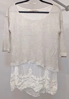 Blusa Camisa Suéter Nana Nucci Italia Seda Lino Bordado Encaje Talla 1 S/M Foto 1 de 4