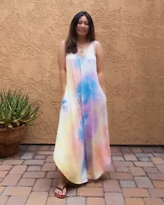 Women Boho Tie-Dye Jumpsuit Sleeveless Wide Leg Party Romper Pants Made in US - Picture 1 of 8