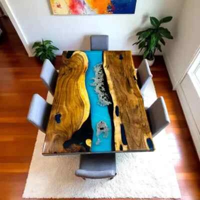 Adorable Blue Epoxy Top Center Dining Table Acacia Wood Countertop Walnut Resin - Image 1 of 4