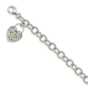 14k/Silver Two-Tone Sterling Silver 14k Diamond Heart Lock and Key Bracelet - Picture 1 of 3