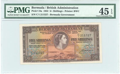 BERMUDA 1952 5 SHILLINGS, P-18a, PMG CHOICE EXTREMELY FINE 45 EPQ - Image 1 of 2