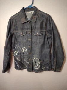 Laura Ashley WOMENS Blue Dark Wash Embroidered Button Close Denim Jacket MEDIUM - Picture 1 of 3