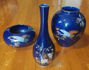 Beautiful set of Ming Tao Japanese cobalt vases - excellent condition - Picture 1 of 10