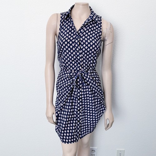 Abito mini camicia Michael Michael Kors taglia 0 blu stampa Ikat senza maniche nodo cravatta