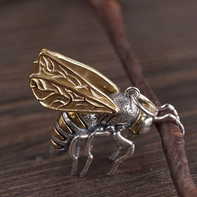 Men's Hornet Wasp Pendant, S925 Silver & Brass Wings, Gothic Biker Insect Charm - Image 1 of 4