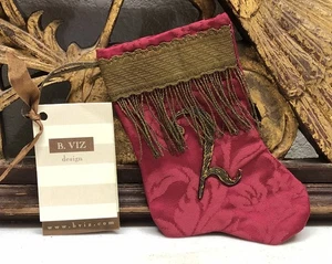 Handmade MINI STOCKING From Antique Textiles by B-VIZ Burgundy w Metallic L38 - Picture 1 of 14