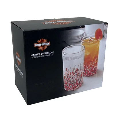 (2) Juego Harley-Davidson Confetti Highball, fuente H-D grabada, soplado a mano 16 oz NUEVO Foto 1 de 4