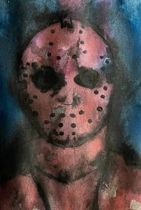 “Jason Voorhees” original horror art watercolour paint & ink on paper size A5 - Picture 1 of 2