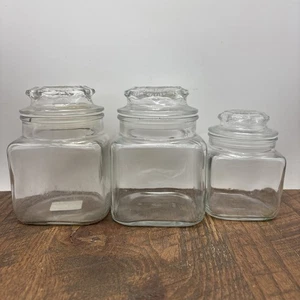 3 Vintage Anchor Hocking Quadrat Apotheker Glas Kanister Starburst Deckel USA - Bild 1 von 10