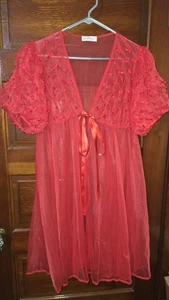 Camicia da notte vintage Miss Elaine Peignoir accappatoio pizzo nylon rara rossa mini fiocchi - Foto 1 di 9