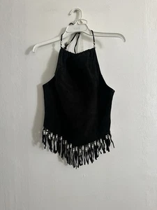 Michael Hoban Vintage Suede Leather Halter Top Black 6 Fringe Beads North Beach - Picture 1 of 8