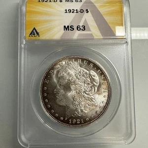 1921 D MORGAN SILVER DOLLAR! Graded MS 63 ANACS! Beautiful Coin! Toned!! - Picture 1 of 8