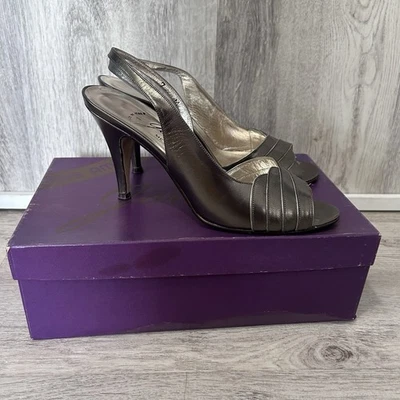 Vintage Garolini silver sling Back Heels Pumps Womens size 7 Peep Toe Metallic - Image 1 of 4