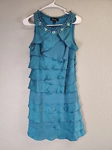 S.L. Fashions Teal Jeweled Neckline Tiered Ruffled Dress SZ 8 - Picture 1 of 8