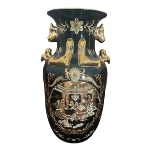 VTG SATSUMA Syle Vase Black  Gold Design Handles Greek Scene  Hand Painted 14in - Picture 1 of 11