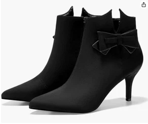 Ermonn Womens Pointed Toe Ankle Boots Stiletto Heels Side Zipper Bow Faux Suede - Picture 1 of 11