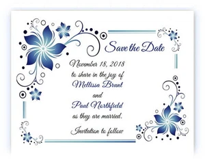 100 Personalized Custom Blue Flower Border Bridal Wedding Save The Date Cards - Picture 1 of 1