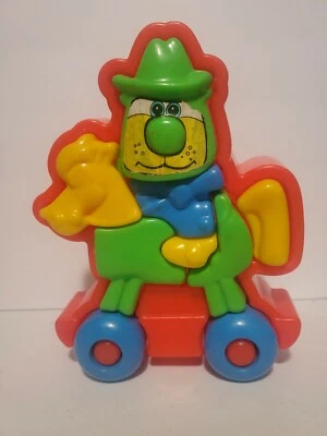 Vtg Toddler Chunky 3-D Plastic Puzzle Toy Cowboy Horse on Wheels 8 Pc Complete - Image 1 of 4