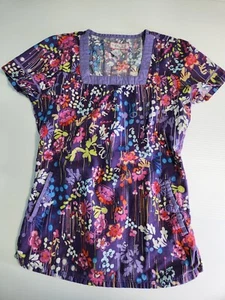 Koi Scrub Top Size XS Purple Pink Floral Square Neck w/Pockets Pre-owned - Picture 1 of 11