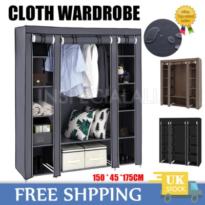 LONENESSL Large Canvas Fabric Wardrobe With Hanging Rail Shelving Clothes Storage Cupboard