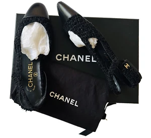 Scarpe Chanel, Chanel Slingbacks, tweed, pelle, nero, UK4, 37 - Foto 1 di 22