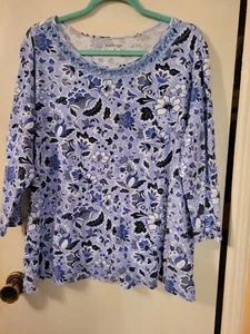 KIM ROGER CURVY SIZE 1X BLUE/WHITE BOW STUDDED PRETTY 100% COTTON STRETCH FLORAL - Picture 1 of 6