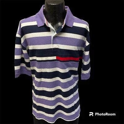 De Colección Y2K Tommy Hilfiger Para Hombre Púrpura Pastel RAYAS Polo Preppy Golf LOGO Camisa XL Foto 1 de 4