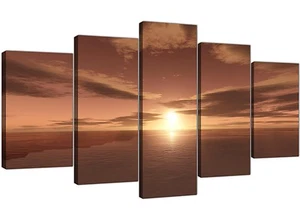 Extra Large Brown Ocean Sunrise - Seascape Canvas Split 5 Panel 160cm Wide - Picture 1 of 5