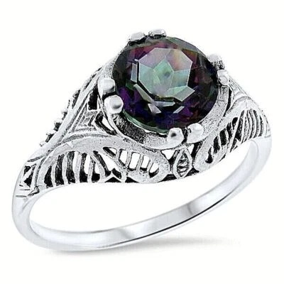 ANTIQUE STYLE 2 CARAT MYSTIC QUARTZ 925 STERLING SILVER FILIGREE RING       #707 - Image 1 of 3