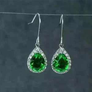 3Ct Pear Cut Lab-Created Emerald Drop Dangle Earring 14k White Gold Plated - Picture 1 of 5