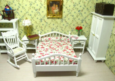 Mueble de dormitorio para casa de muñecas cama doble armario mecedora junto a la mesa 1:12 Foto 1 de 4