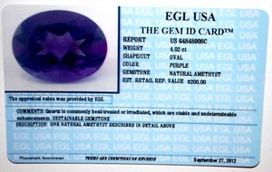 EGL USA CERTIFIED OVAL PURPLE NATURAL AMETHYST 4.02 CT APPRAISAL $200.00 - Picture 1 of 3