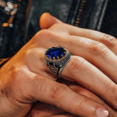 Anillo turco de plata de ley 925 maciza con piedra de circón azul ovalado para hombre Foto 1 de 4